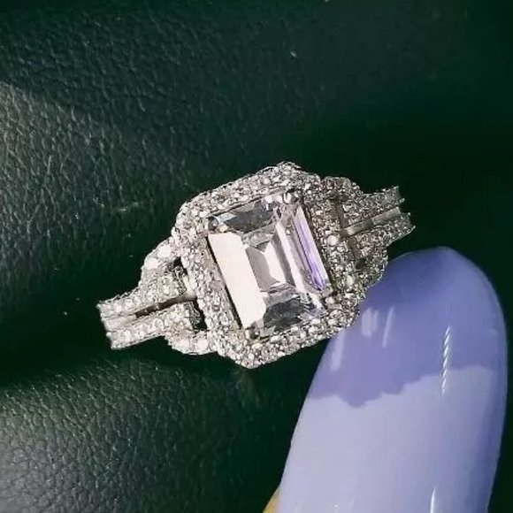 NEW 925 Sterling Silver Diamond Radiant Halo Ring - Picture 3 of 6